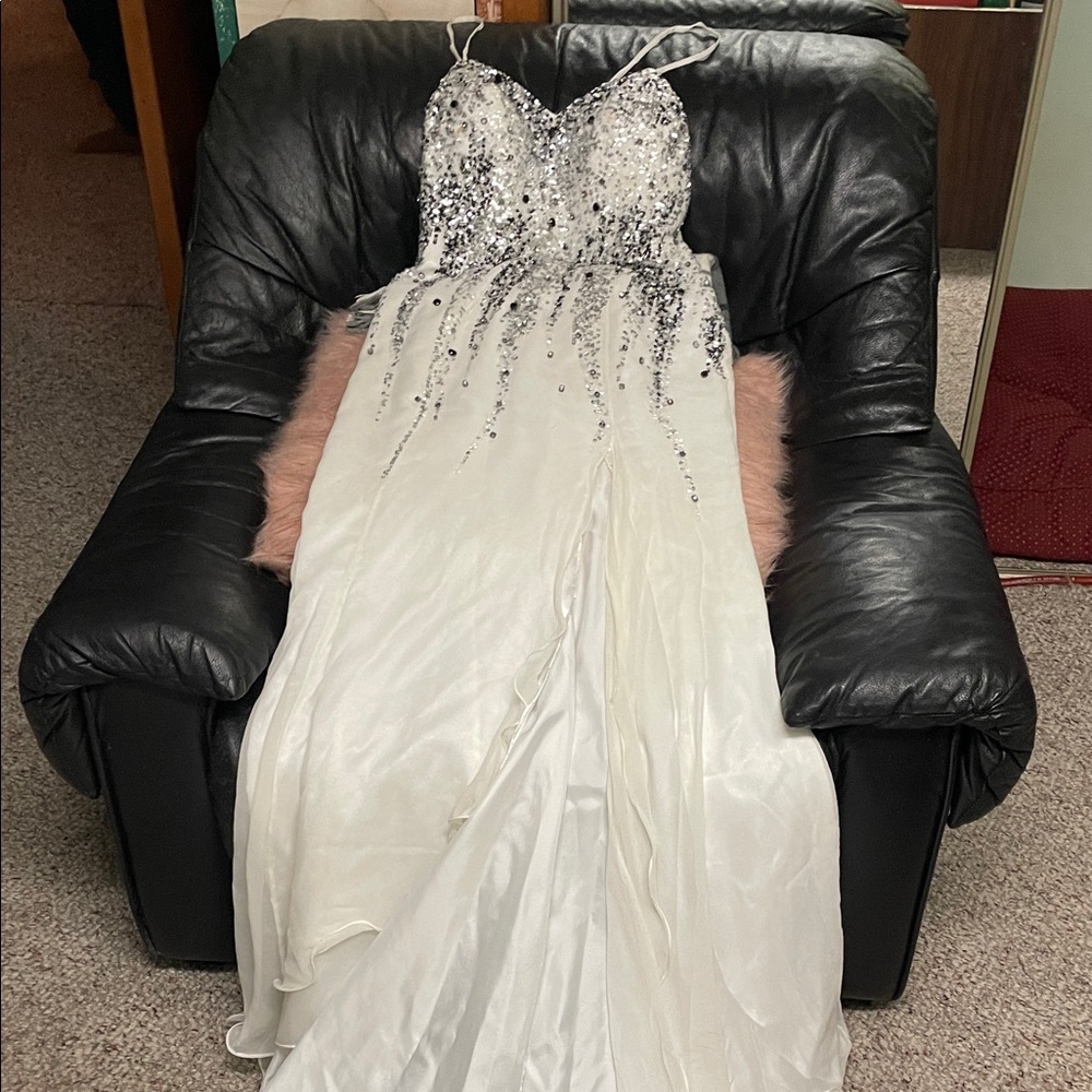100% silk White formal gown with beads, sequins, thigh slit and long train